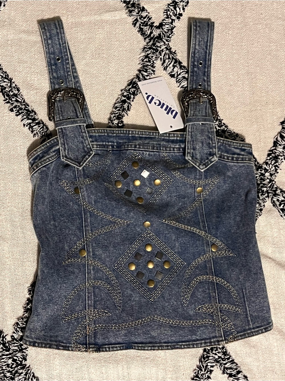 NWT blue b. Collection Size S Western Buckle Denim Studded Embroidered Top